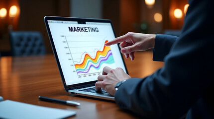 Professional in dark suit pointing at colorful marketing graph on laptop screen