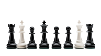 Chess pieces lined up in a row, showcasing strategy and competition isolated on transparent background