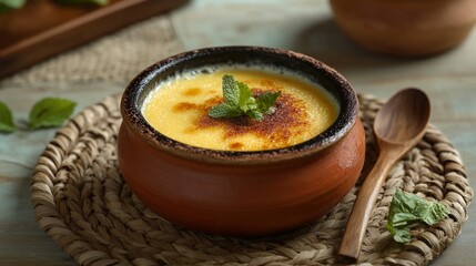 Creamy sweet yogurt in a traditional clay pot, topped with a light golden crust and mint served on a woven mat with a small wooden spoon.