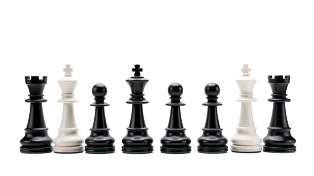Chess pieces lined up in a row, showcasing strategy and competition isolated on transparent background