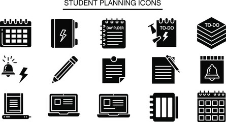 Student planning icons showcase a calendar, notebook, laptop, pencil, and to-do list, perfect for illustrating organization, scheduling, and academic productivity in vector format.