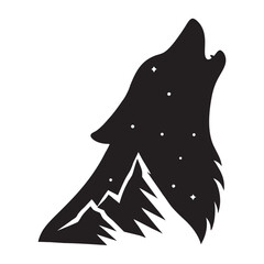 Mystical Howling Wolf with Mountains and Stars Silhouette Vector Art