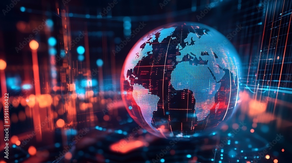 Aufkleber global digital network with earth globe and glowing data connections