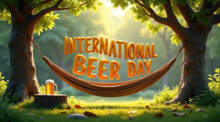 Celebrating international beer day in a tranquil forest setting with a cozy hammock and refreshing beverage