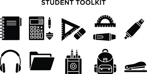 A student toolkit vector pack showcases essential school supplies like a notebook, calculator, ruler, backpack, headphones, and stationery, perfect for educational designs and back to school themes.