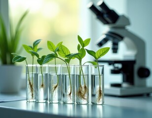 laboratory environment with rows of small plants growing in transparent containers