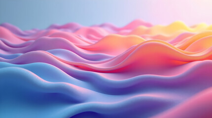 Smooth pastel waves in pink blue and yellow forming gradient flow on light background with silky fluid texture
