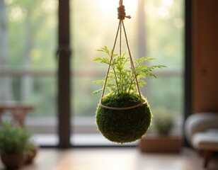 A single Kokedama,hanging in front of a large window, illuminated by soft morning sunlight. 