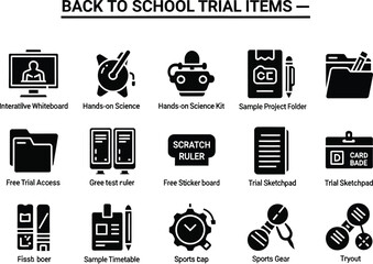 Back to school trial items are displayed as black glyph icons, including interactive whiteboard, science kit, project folder, sketchpad, timetable, and sports gear, perfect for educational resources.