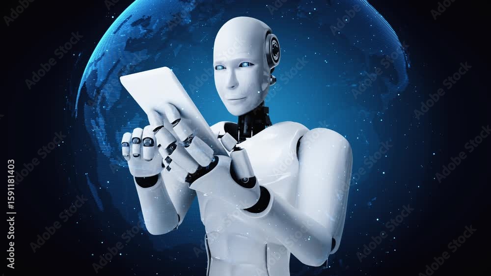 Poster robot hominoid use mobile phone or tablet for big data analytic using ai thinking brain , artificial