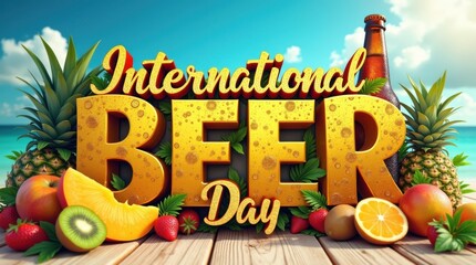 Celebrating international beer day with tropical fruits beachside graphic design vibrant summer vibes