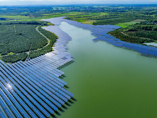 Photovoltaic panels aerial photography on water