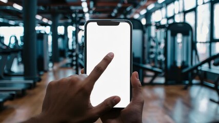 POV shot of a hand holding a smartphone with a blank screen in a gym setting, perfect for fitness video concepts or app mockups. Live desktop wallpaper. - Powered by Adobe