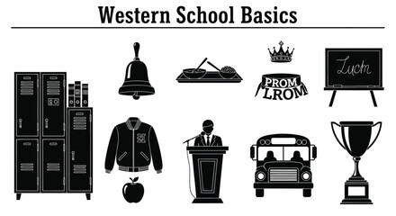 A collection of school essentials in black silhouette showcases lockers, a bell, lunch, prom decorations, a chalkboard, a jacket, an apple, a podium, a bus, and a trophy.
