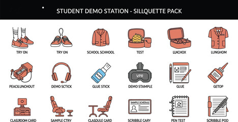 A collection of student demo station icons showcasing various items like shoes, school supplies, and classroom objects, perfect for educational resources and design projects.