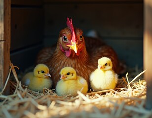 yellow newly hatched chicks with mother hen in a scoop