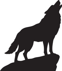 Vector Silhouette of a Howling Wolf on Rocky Cliff with Minimalist Black and White Design