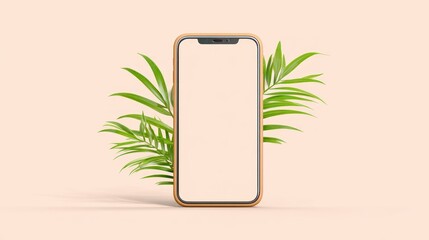 Minimalist Smartphone Surrounded by Green Leaves on Soft Background