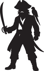 Vector Stylized Pirate Silhouette in Tricorn Hat Holding Curved Sword with Perched Bird

