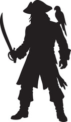 Vector Pirate Silhouette with Sword and Bird on Shoulder in Dramatic High-Contrast Black on White


