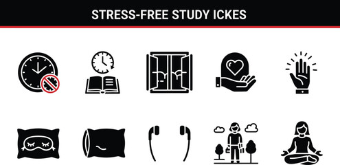 Stress-free study ickes are depicted through various icons, including time management, reading, open windows, self-care, meditation, rest, and relaxation, all in a clean and modern design.