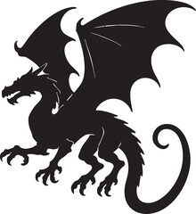 Vector Dragon Silhouette in Diagonal Flight with Outstretched Wings and Curled Tail on White Background