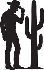 Vector Silhouette of Cowboy Tipping Hat Beside Saguaro Cactus on White Background

