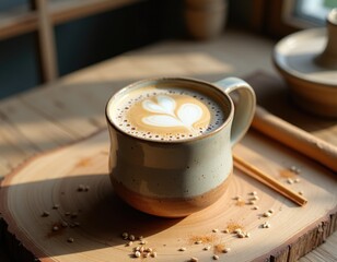 A creamy tahini latte with flower shape on crema served in a ceramic mug surrounded by unhulled sesame seeds and a reusable bamboo stir stick