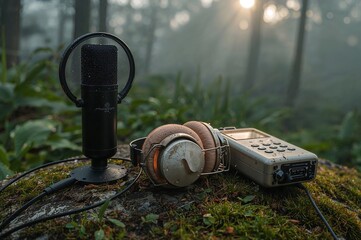 Microphone with pop filter and headphones and recorder on mossy rock in a foggy forest scene