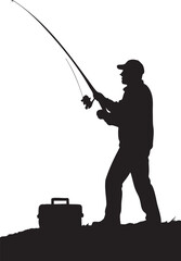 Vector Silhouette of a Fisherman Standing on Uneven Ground with Fishing Rod and Tackle Box


