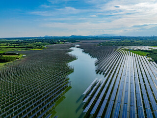 Photovoltaic panels aerial photography on water
