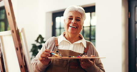 Senior woman, painter and portrait in home with artwork, tools and canvas for inspiration in...