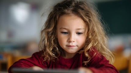 Young girl using a digital tablet in a classroom setting