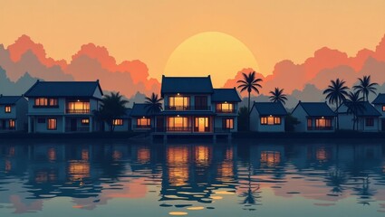 Obraz premium Tranquil Riverside Village at Sunset: The warm glow of sunset bathes a serene village of traditional buildings, creating a peaceful reflection on the calm water's surface.