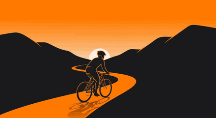 Obraz premium Silhouette of a cyclist riding a bicycle on a winding road towards the sunset between mountains, with an orange sky.