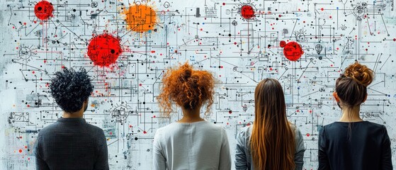 Four individuals stand before a complex diagram, possibly analyzing data or a scientific model.