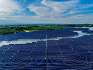Photovoltaic panels aerial photography on water