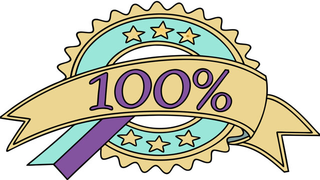 A one hundred percent guaranteed design element with stars and ribbon banner, perfect for promotional material and ensuring quality.