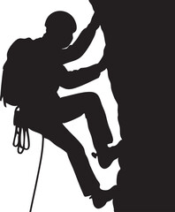 Vector Silhouette of Rock Climber on Rugged Cliff Face with Rope and Gear in High-Contrast Style