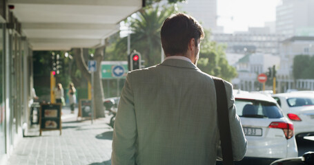 Employee, man and commuting to work, city or lawyer on urban street in morning, outdoor and...