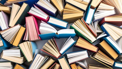 Books piled high, various colors