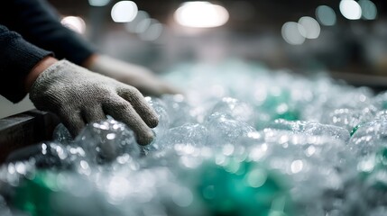 Gloved hand carefully sorting through piles of plastic bottles for recycling