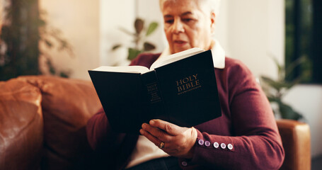 Home, reading and senior woman with bible for relax with worship, faith and spiritual wellness....