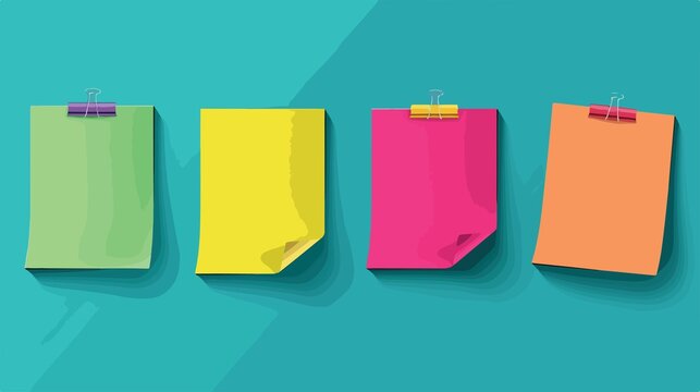 Four vibrant, colorful paper notes are clipped against a bright teal backdrop, ideal for announcements and messages.