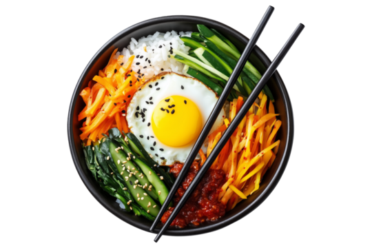 Korean bibimbap dish with fresh vegetables, fried egg, and gochujang sauce in black bowl with chopstick isolated on white transparent background, concept of healthy food - Powered by Adobe
