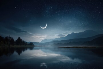 Night sky with stars and a crescent moon, reflected in a still lake, mountains in background