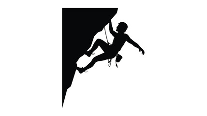 Silhouette of a rock climber scaling a cliff face with equipment
