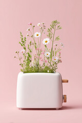 3D render of a modern green toaster with wild, colorful flowers bursting from inside, set against a clean pastel pink background.creative advertising, editorial design, surreal concept campaigns, spri