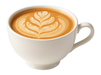 Porcelain teacup of spiced chai latte with frothy milk art and a dusting of nutmeg.