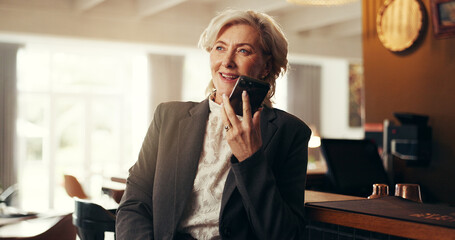 Voice, phone call and mature business woman recording audio message, talking or feedback in hotel....